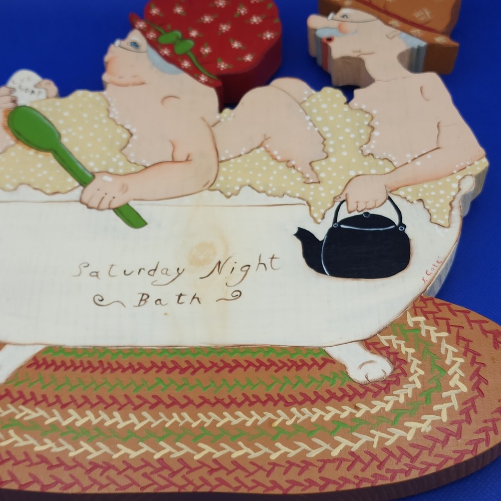 Vtg Folk Art Bathroom Wall Decor Saturday Night Bath Senior Couple‎ in Clawfoot - Picture 3 of 6